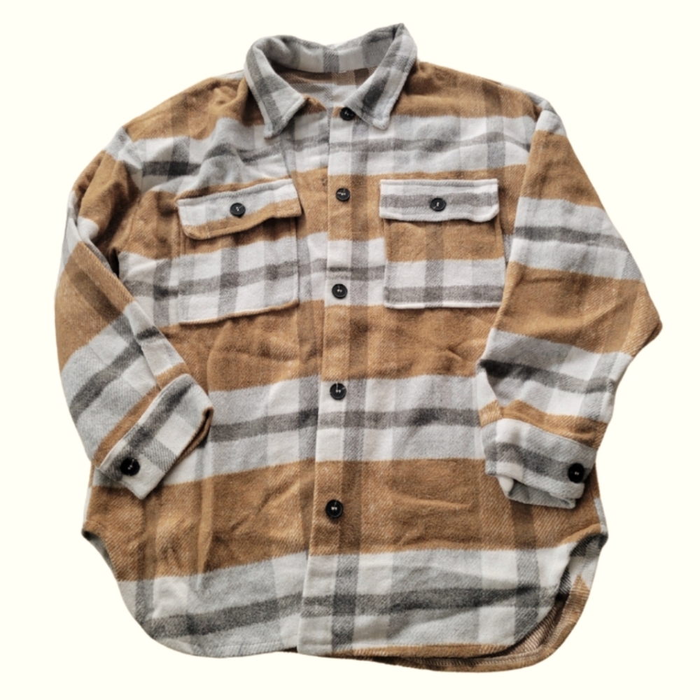 button up flannel  cozy bombfire evening gray, white,rust color